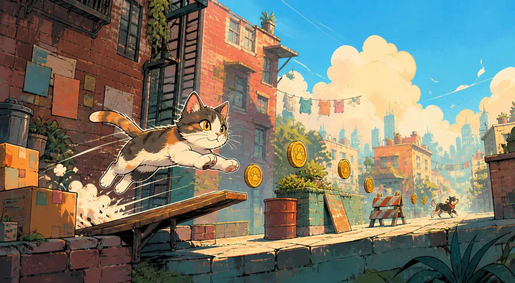maomaogogo 概念图:猫咪在城市后巷中跳跃,沿途收集金币