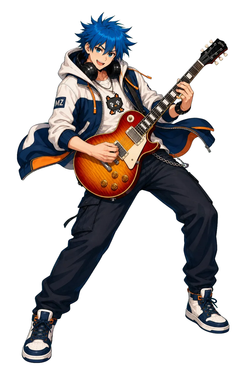 蓝色头发、正在弹奏樱桃红渐变 Les Paul 风格吉他的原创角色