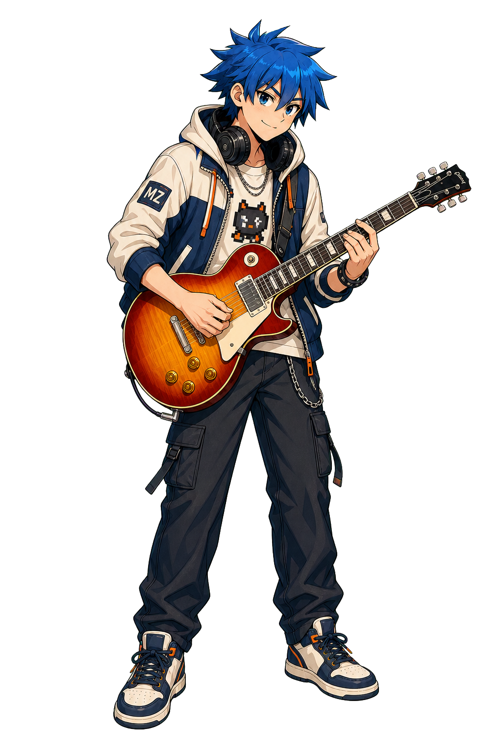 蓝色头发、手持樱桃红渐变 Les Paul 风格吉他的原创角色